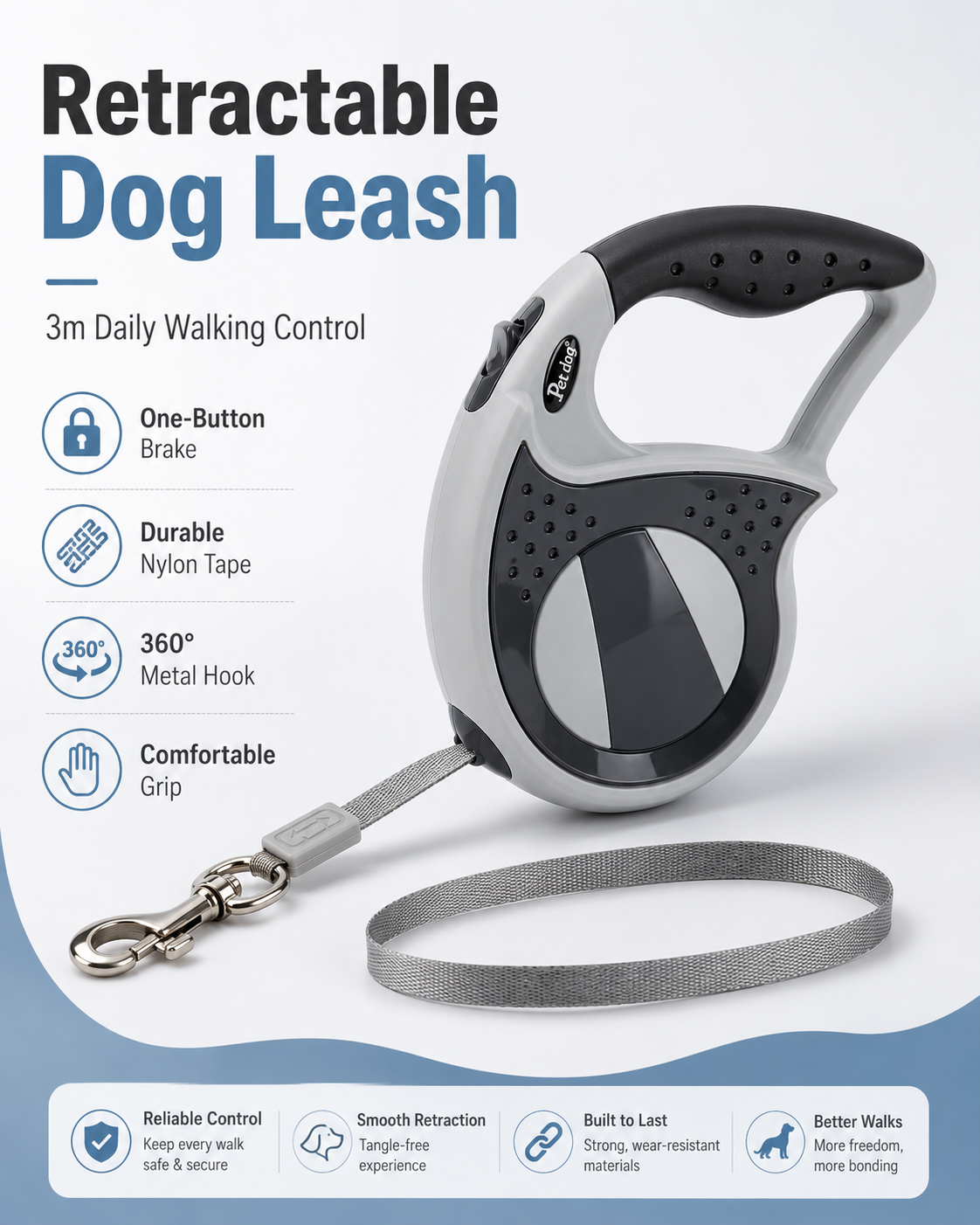 Retractable Dog Leash – Grey 3m