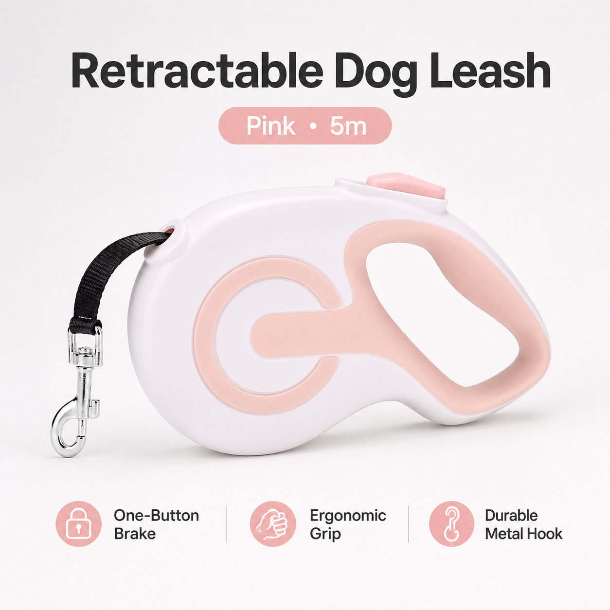 Retractable Dog Leash – White Pink 5m