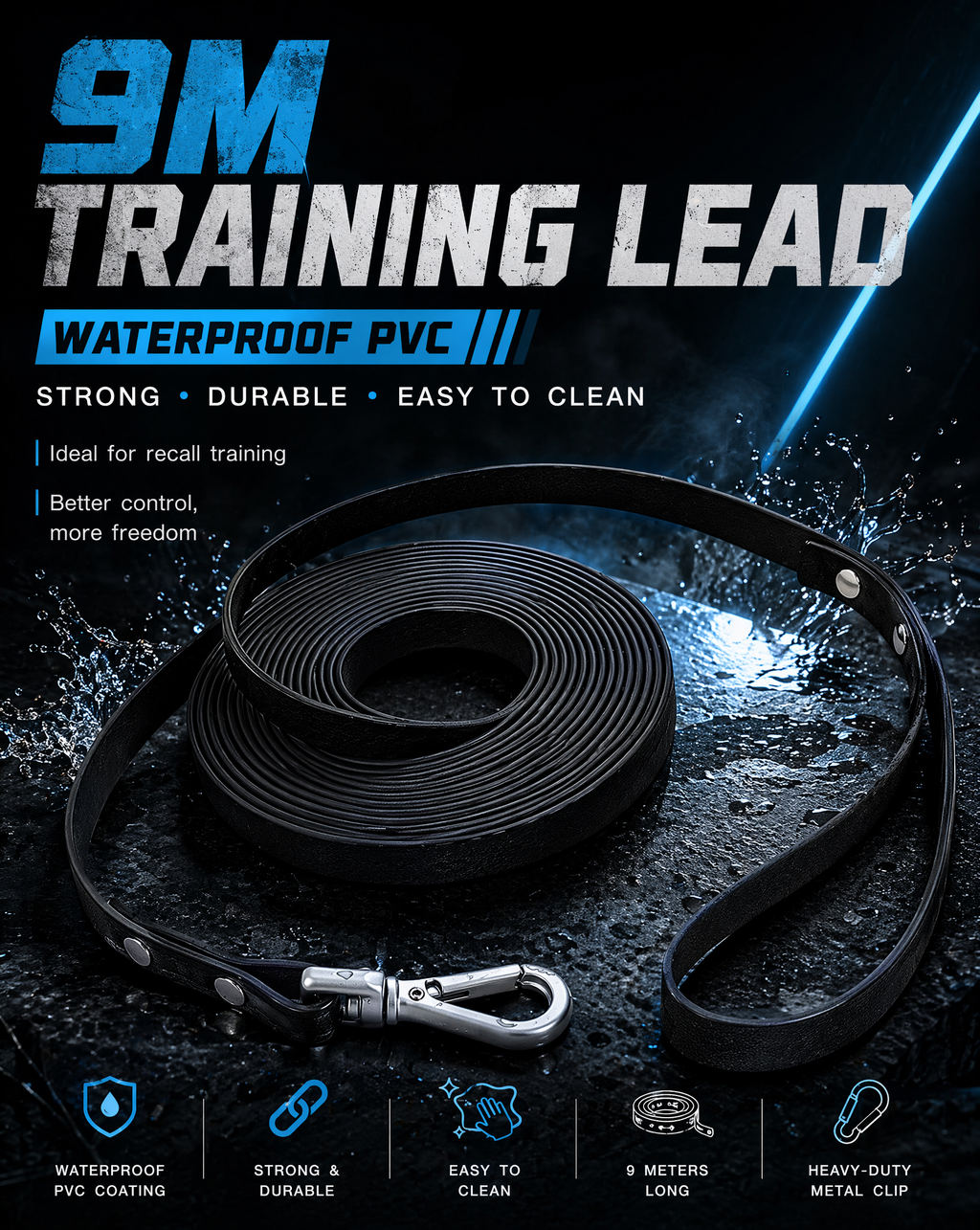 9m Waterproof Dog Training Lead - Black