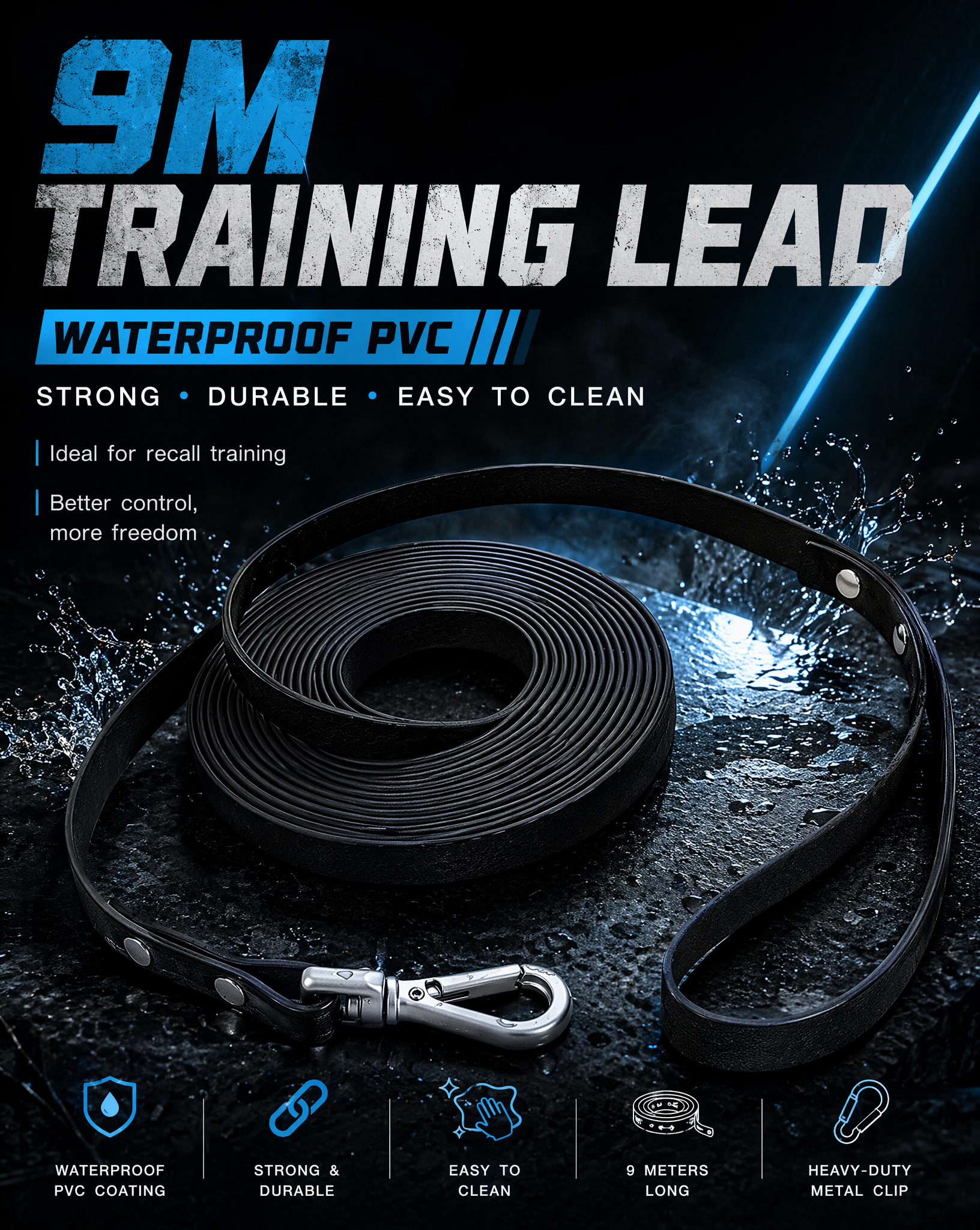 9m Waterproof Dog Training Lead - Black