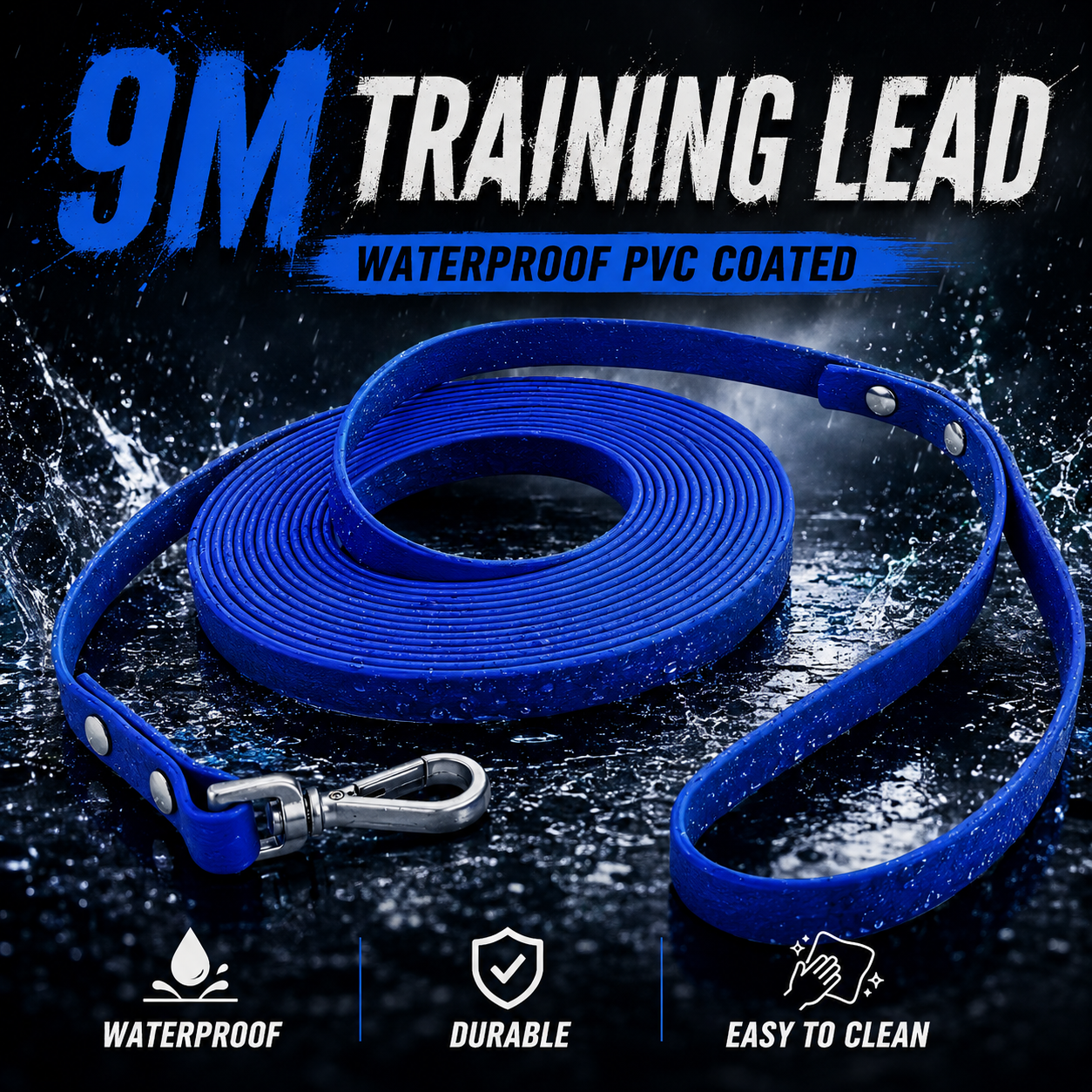 9m Waterproof Dog Training Lead - Blue