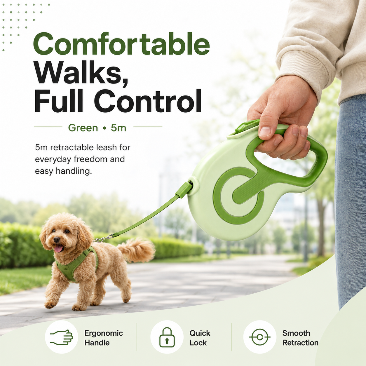 Retractable Dog Leash – Green 5m