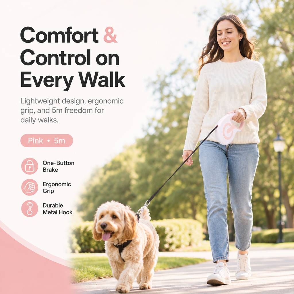 Retractable Dog Leash – White Pink 5m