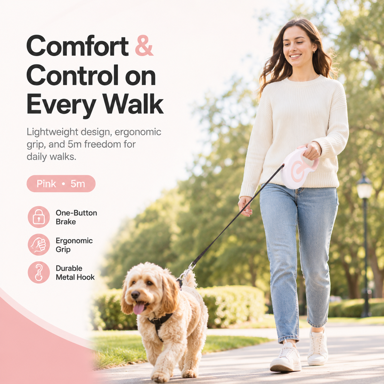 Retractable Dog Leash – White Pink 5m