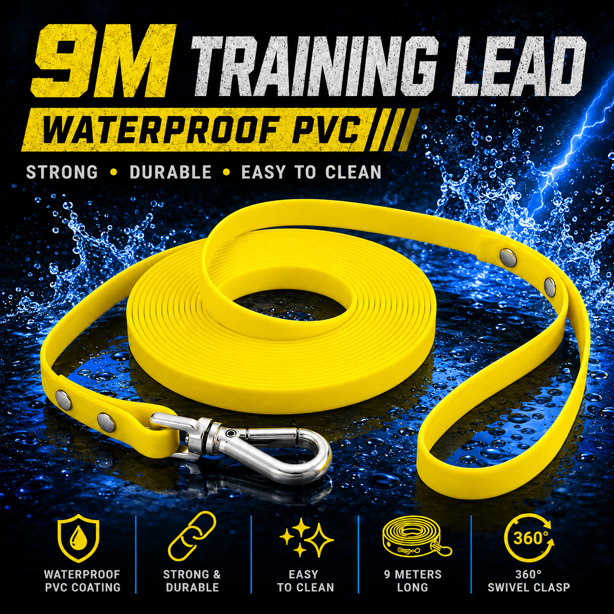 9m Waterproof Dog Training Lead - Yellow