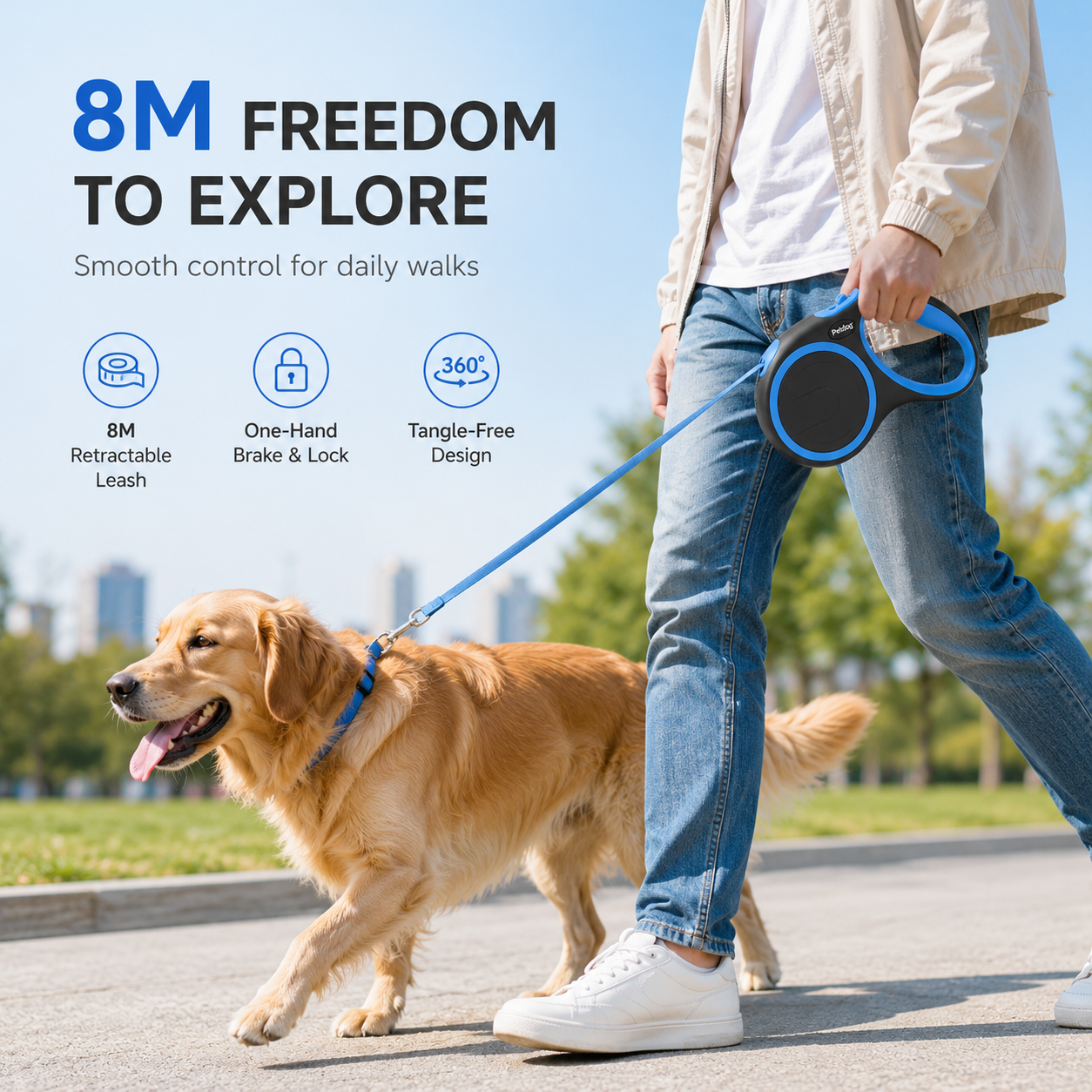 Retractable Dog Leash – Black & Blue 8m