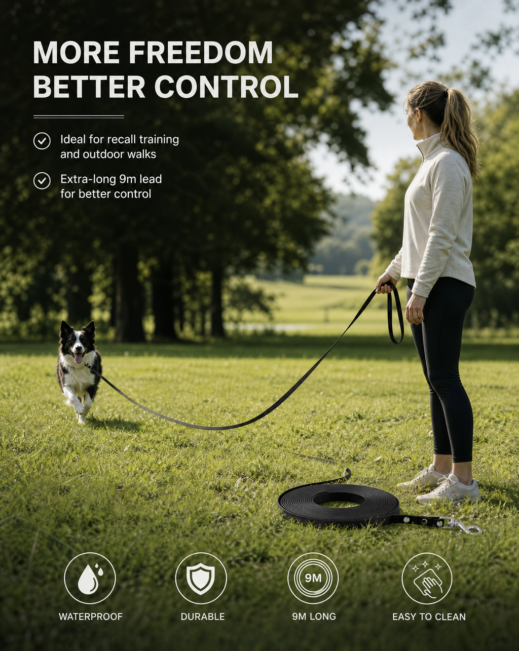 9m Waterproof Dog Training Lead - Black