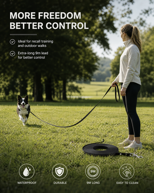 9m Waterproof Dog Training Lead - Black