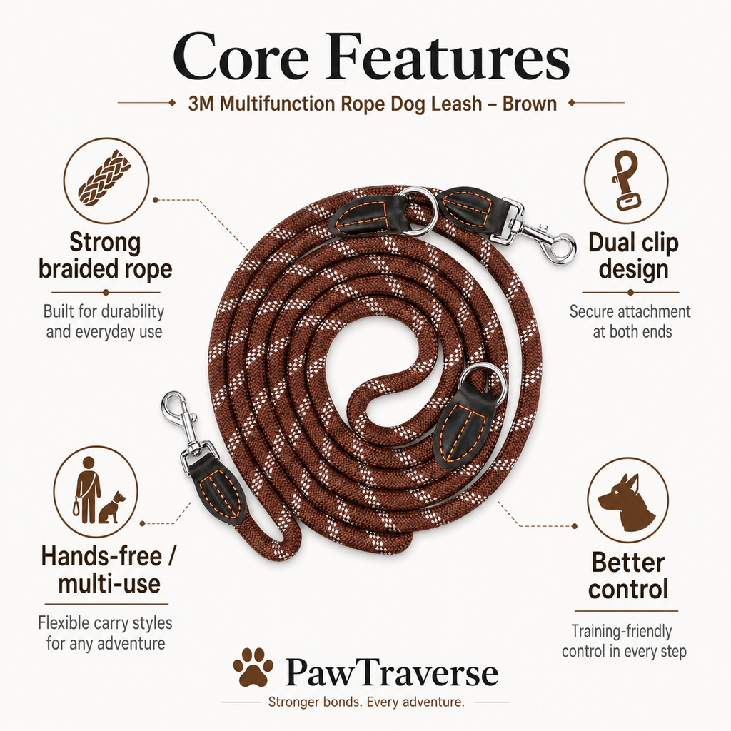 3m Multifunction Rope Dog Leash - Brown