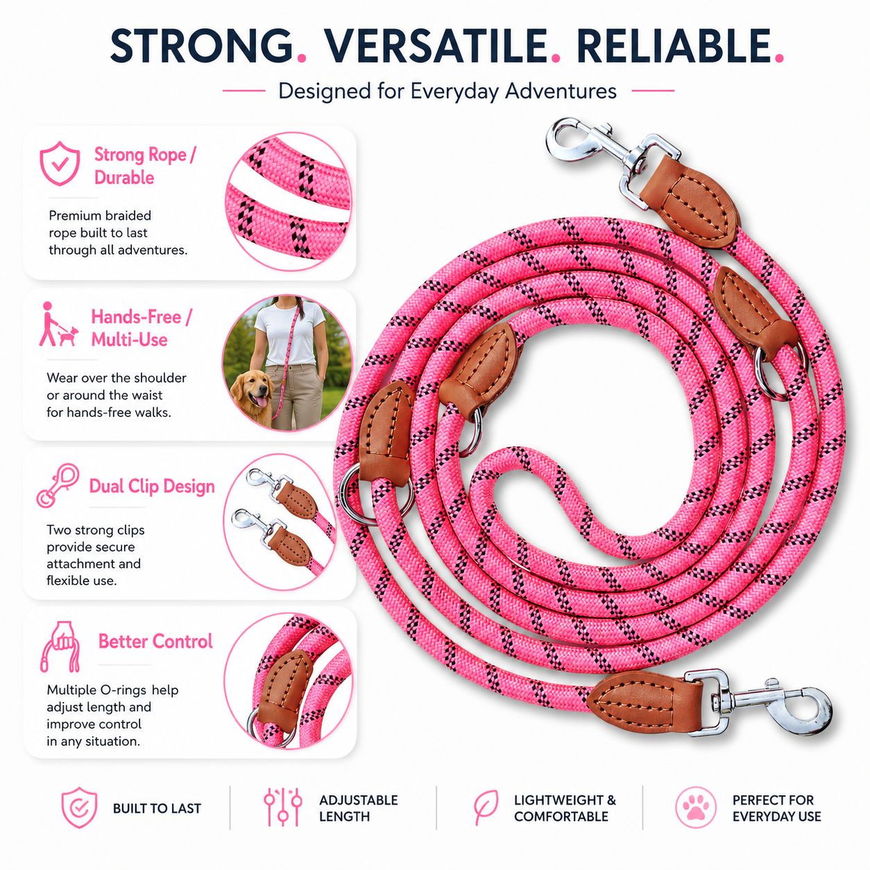 3m Multifunction Rope Dog Leash - Pink