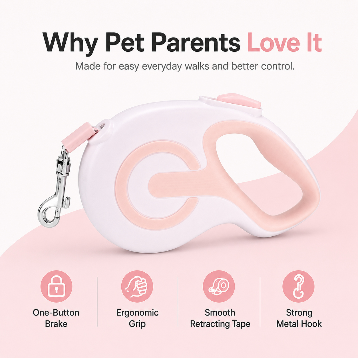 Retractable Dog Leash – White Pink 5m