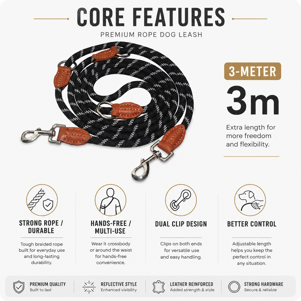 3m Multifunction Rope Dog Leash - Black