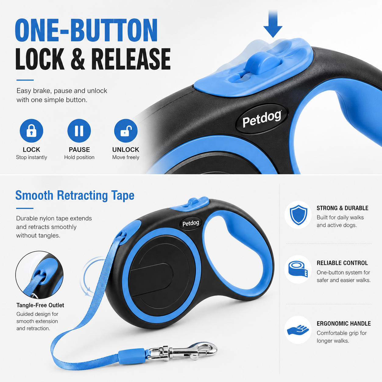 Retractable Dog Leash – Black & Blue 8m