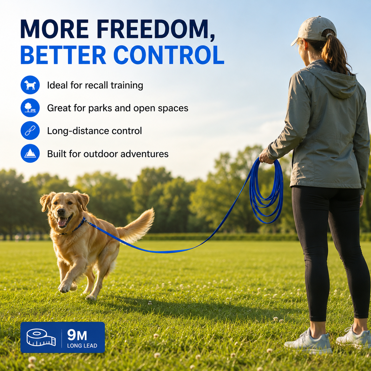 9m Waterproof Dog Training Lead - Blue