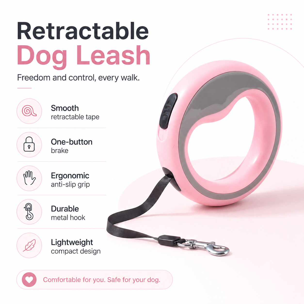 Retractable Dog Leash – Pink