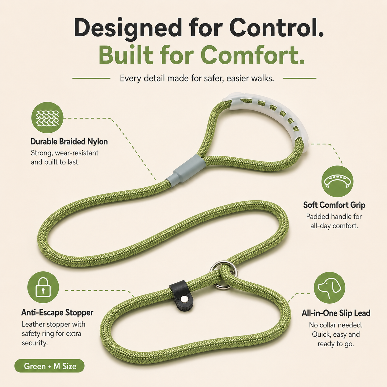 Adjustable Slip Rope Dog Leash – Green