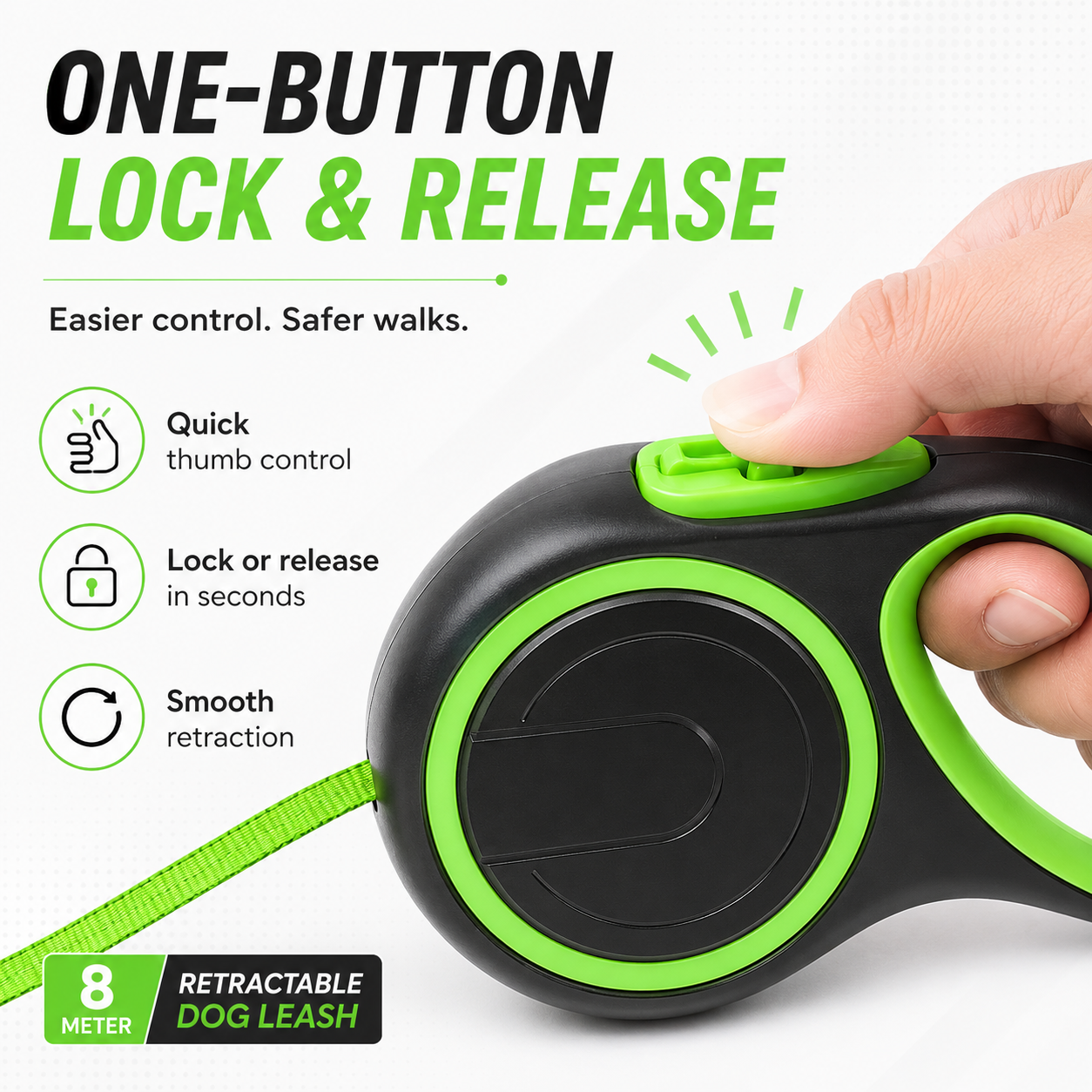 Retractable Dog Leash – Green Black 8m