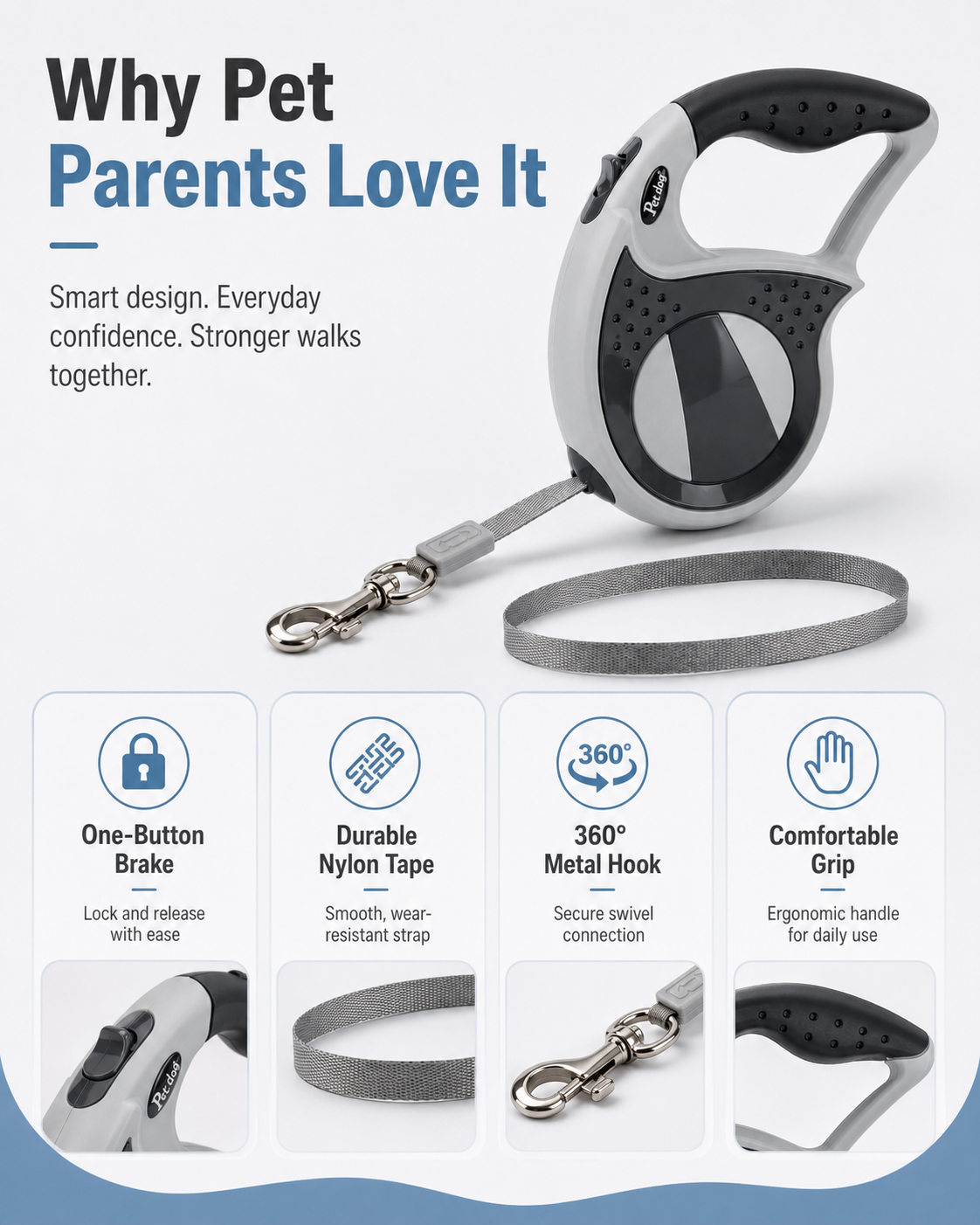 Retractable Dog Leash – Grey 3m