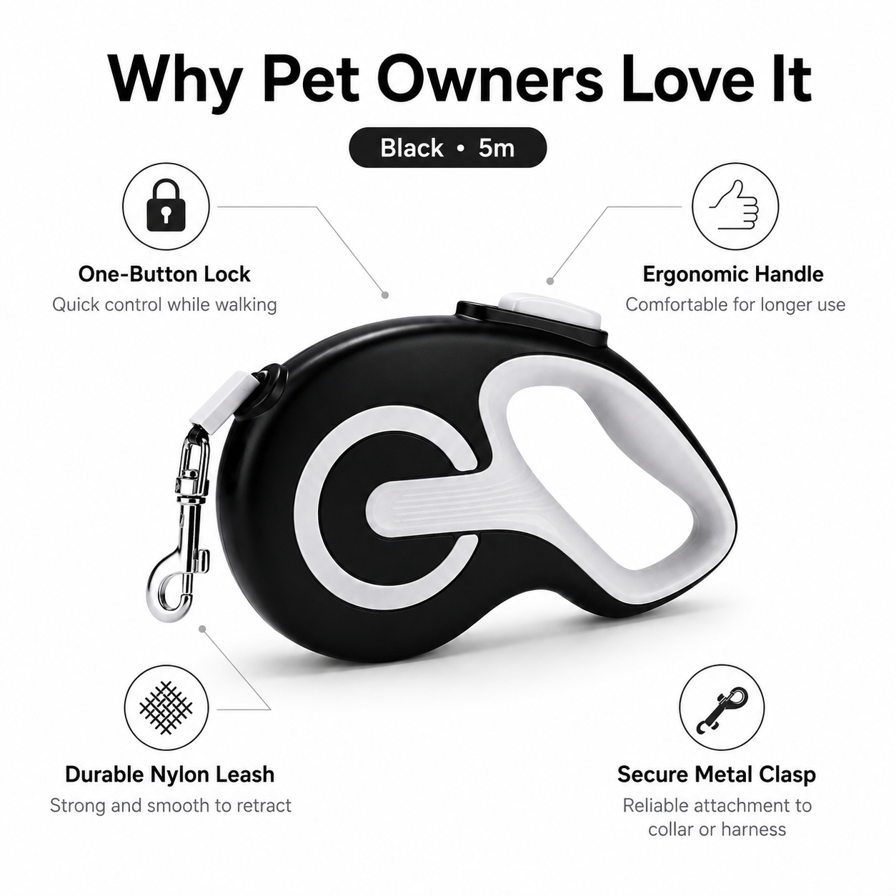 Retractable Dog Leash – Black 5m