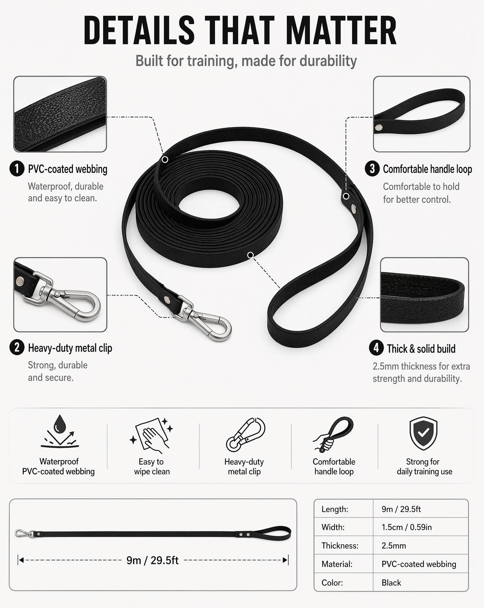 9m Waterproof Dog Training Lead - Black
