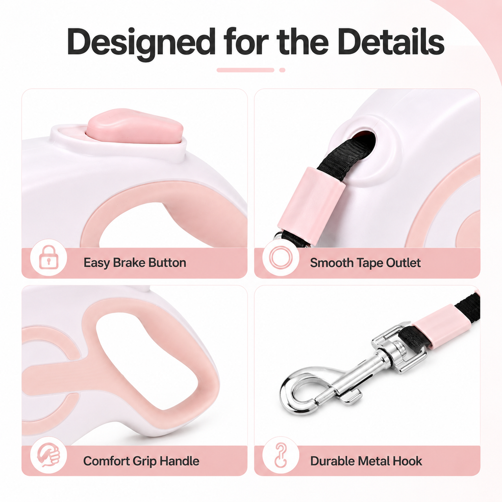 Retractable Dog Leash – White Pink 5m