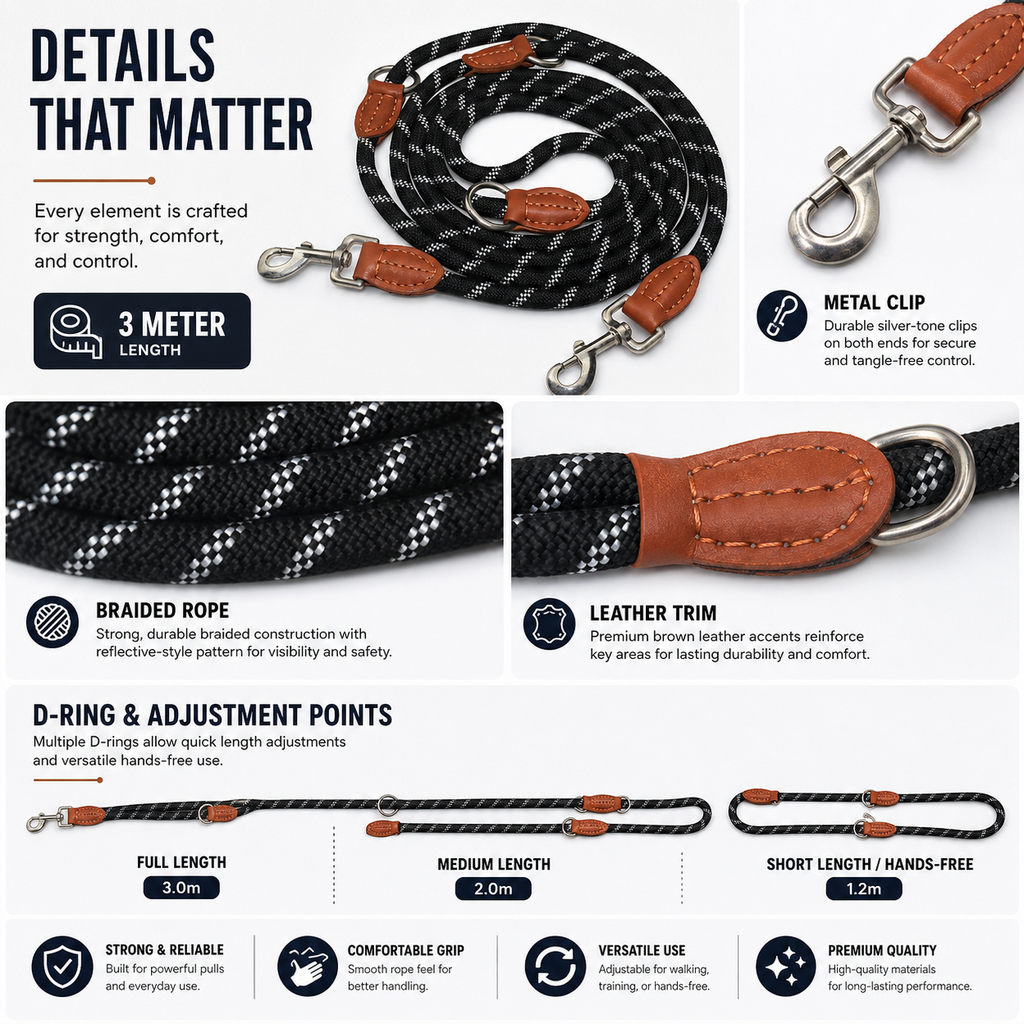 3m Multifunction Rope Dog Leash - Black