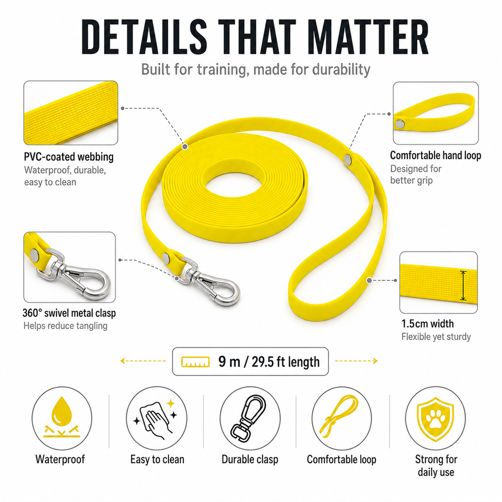 9m Waterproof Dog Training Lead - Yellow