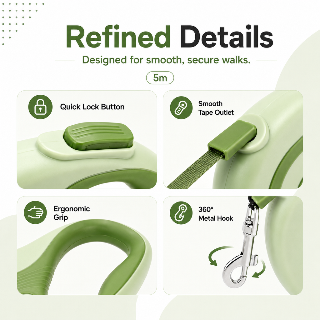 Retractable Dog Leash – Green 5m