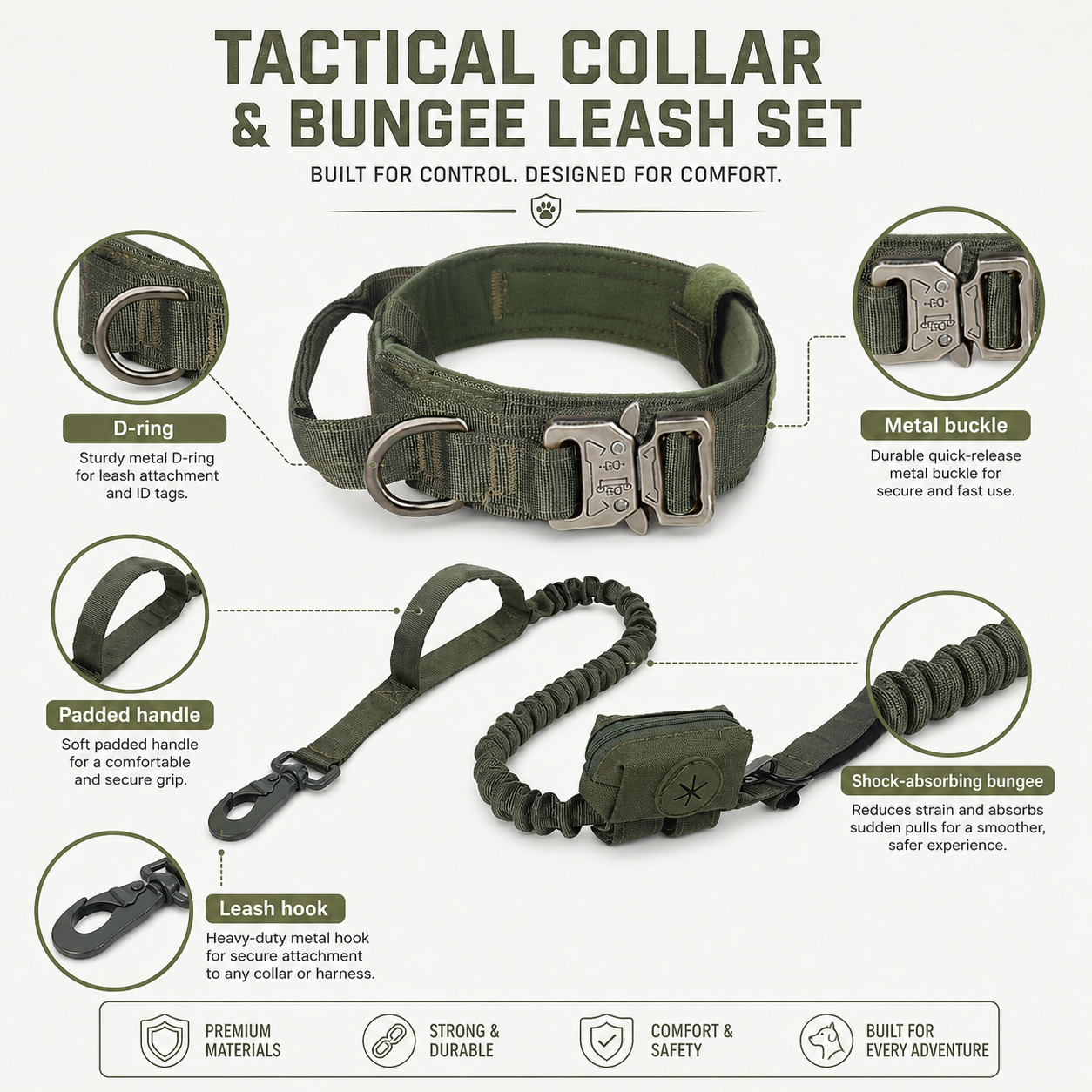 Padded Dog Collar & Bungee Leash Set