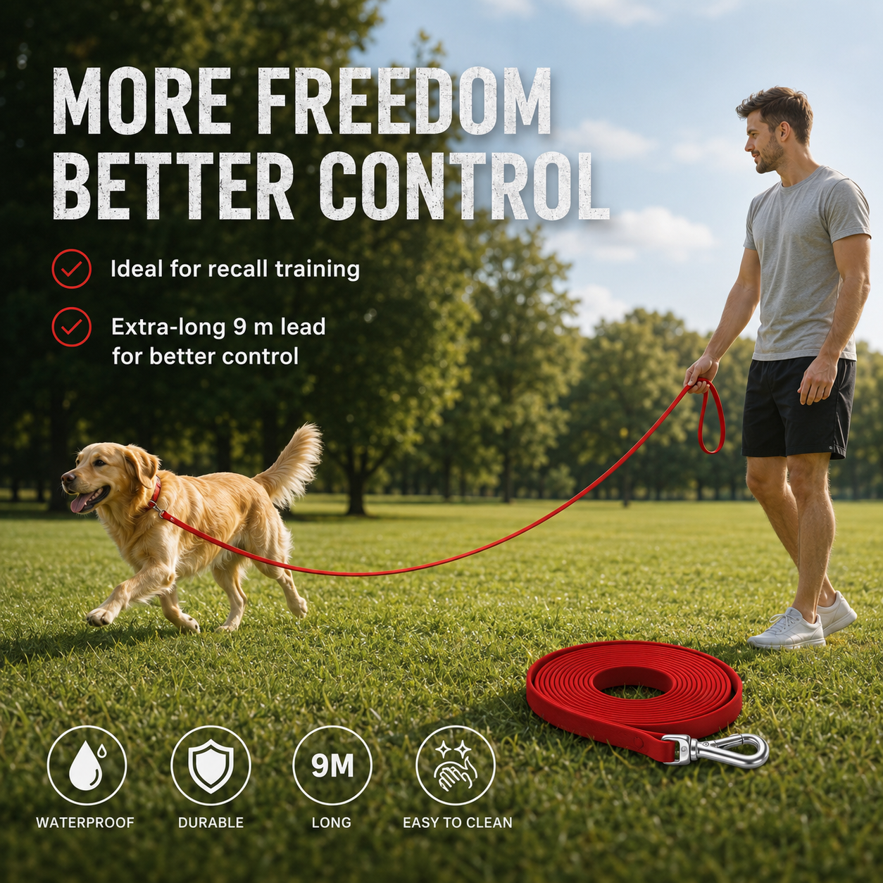 9m Waterproof Dog Training Lead - Red