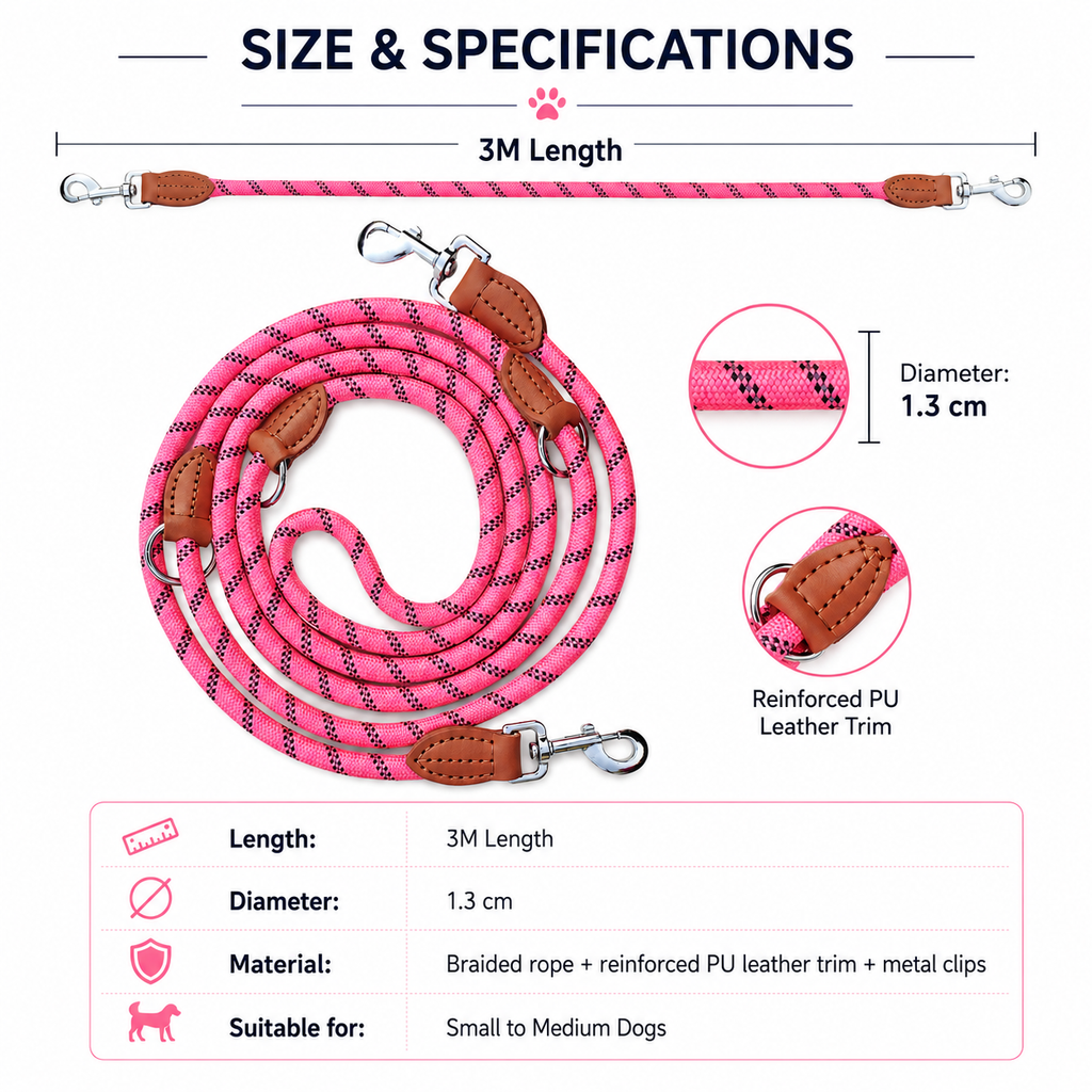 3m Multifunction Rope Dog Leash - Pink