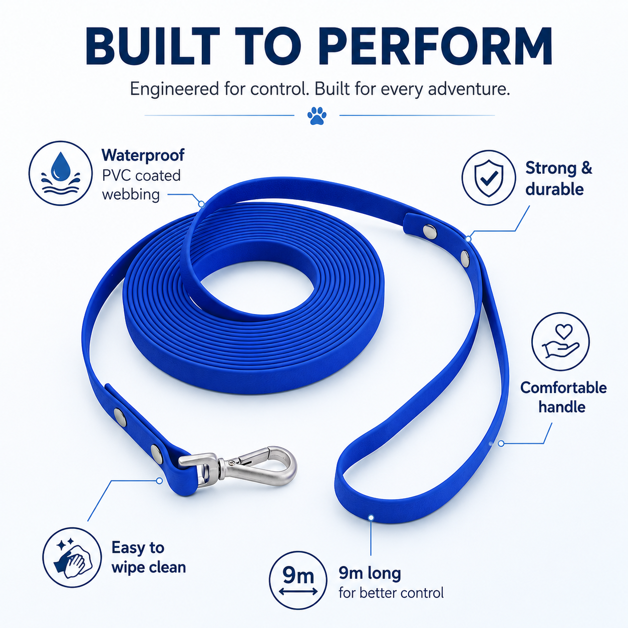 9m Waterproof Dog Training Lead - Blue