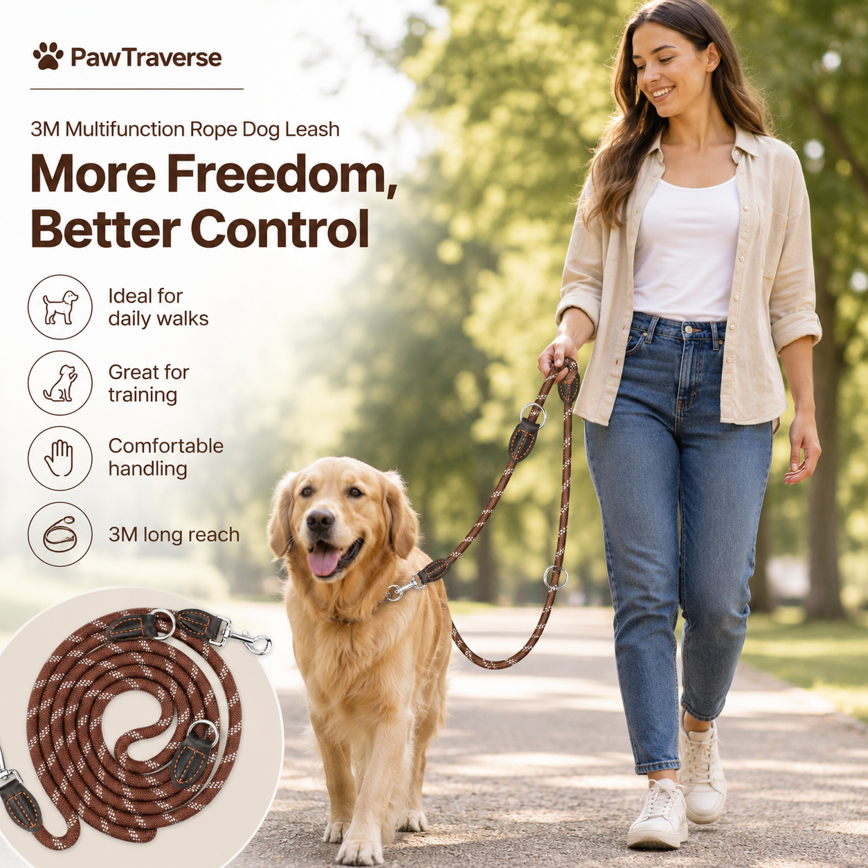3m Multifunction Rope Dog Leash - Brown