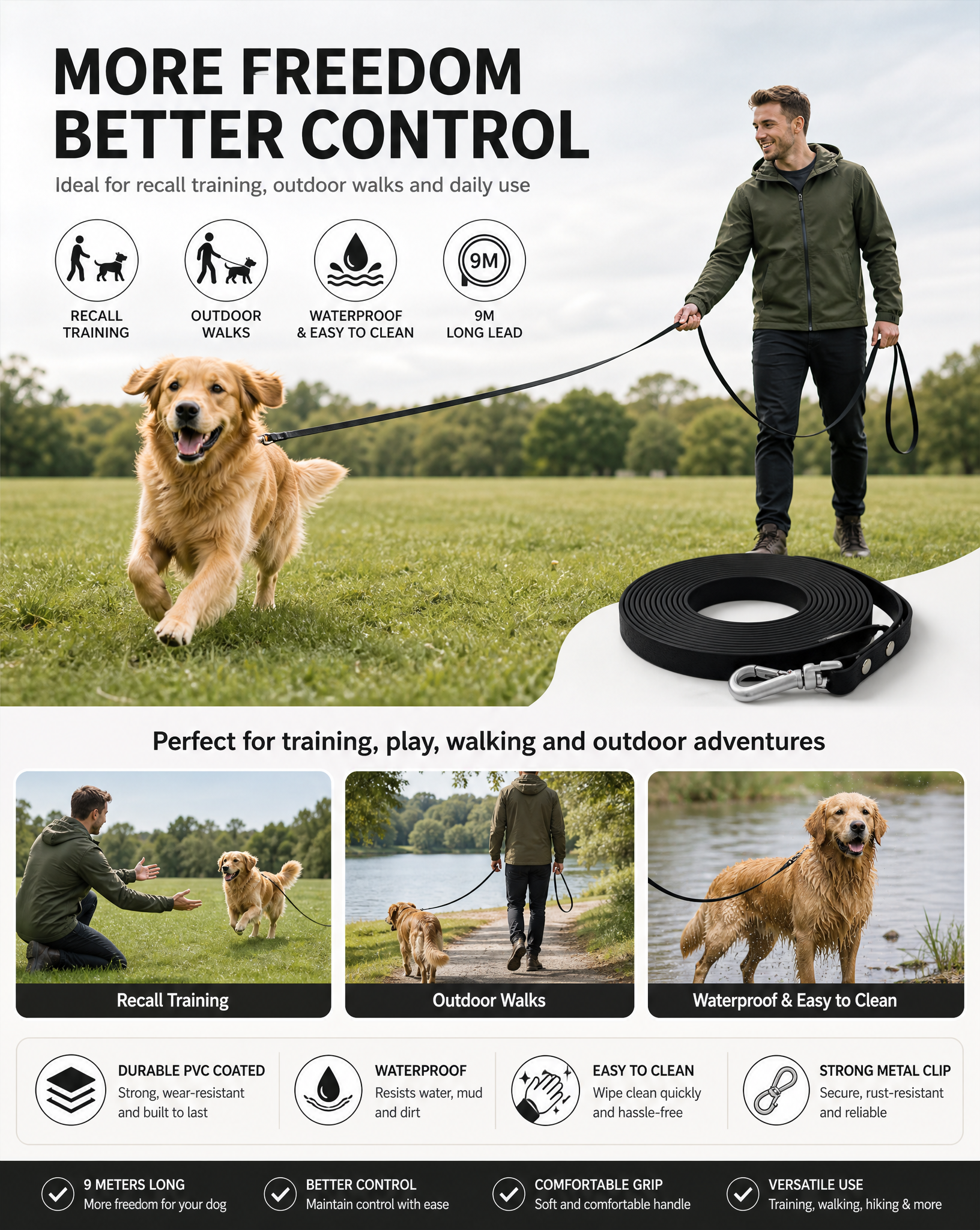 9m Waterproof Dog Training Lead - Black