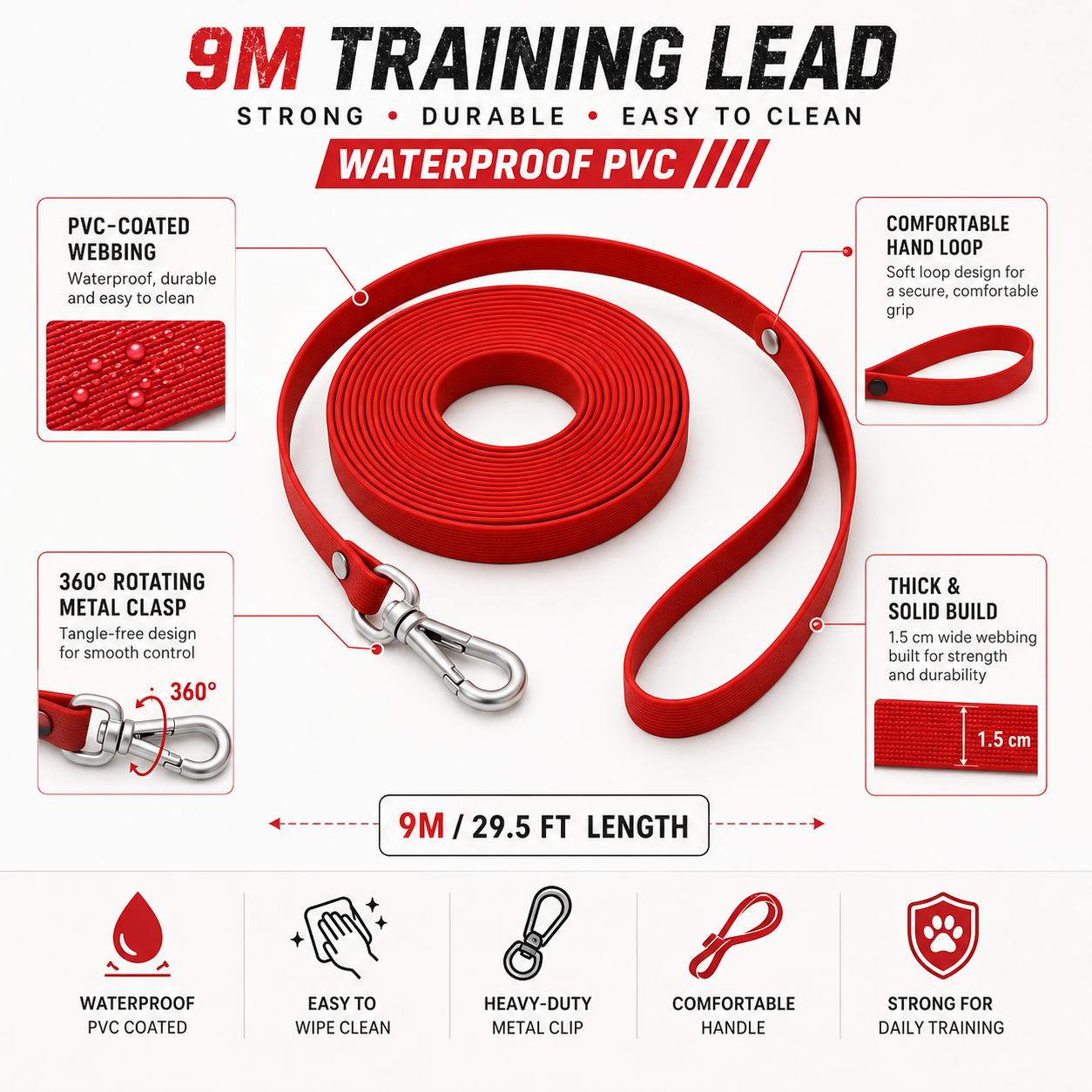 9m Waterproof Dog Training Lead - Red