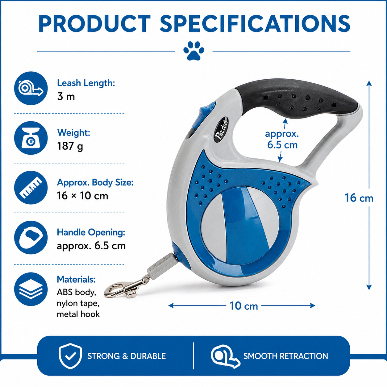 Retractable Dog Leash – Blue 3m