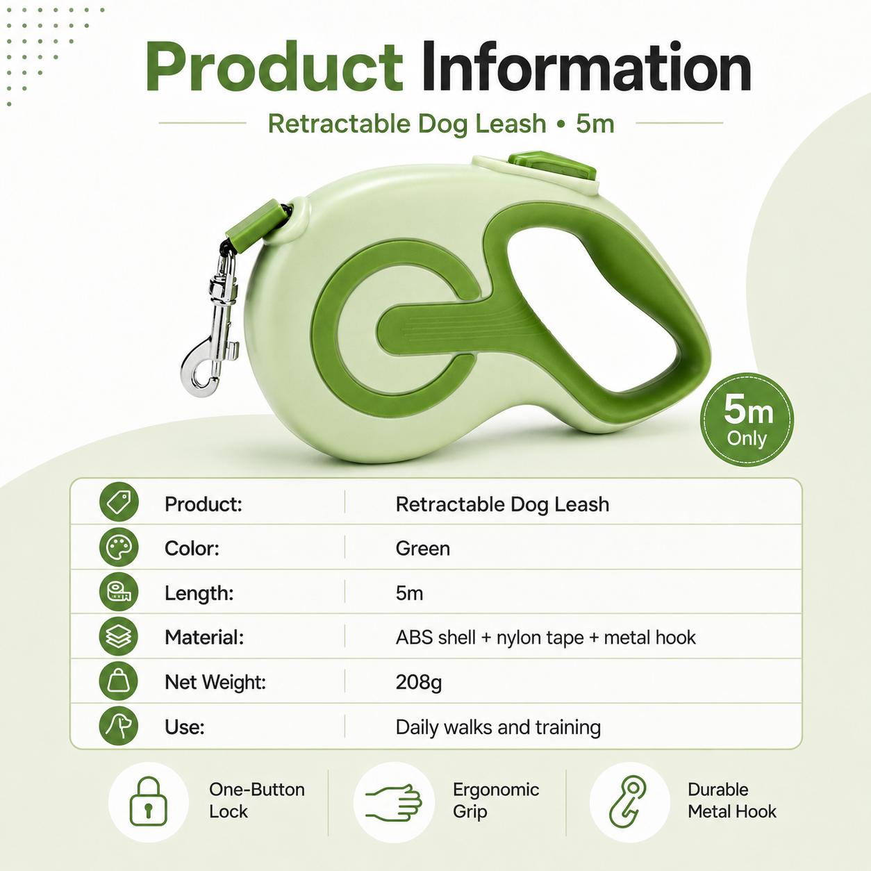 Retractable Dog Leash – Green 5m