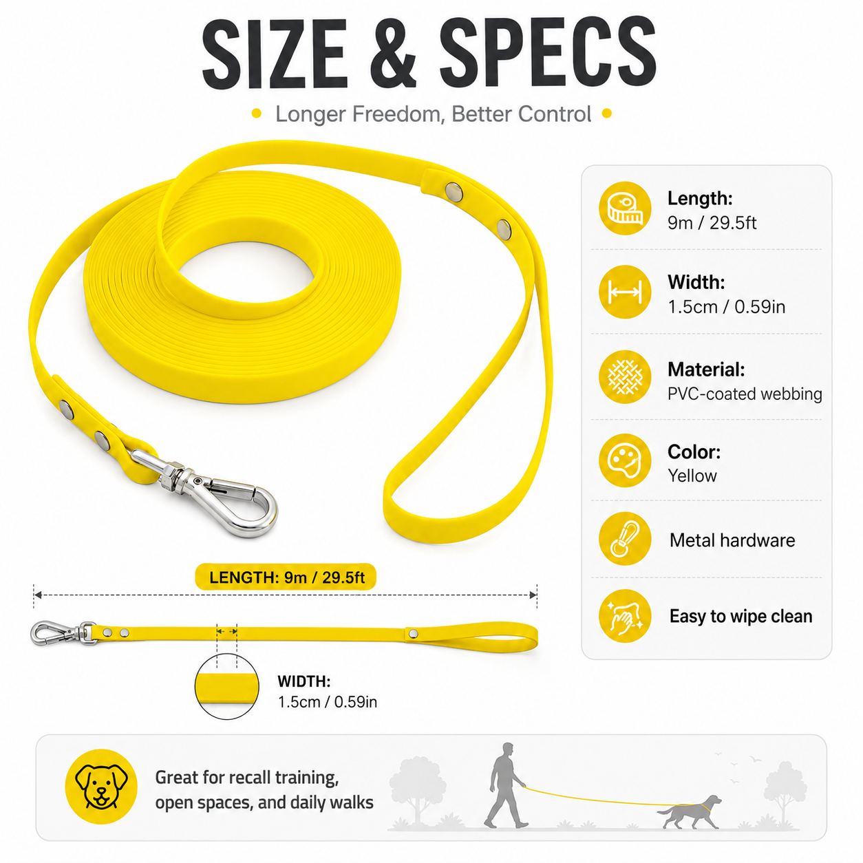 9m Waterproof Dog Training Lead - Yellow