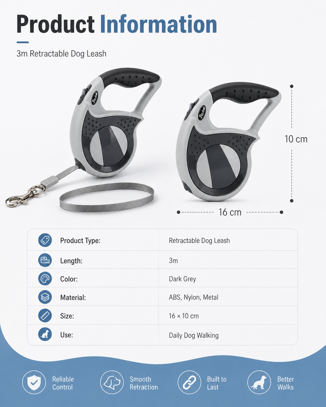 Retractable Dog Leash – Grey 3m