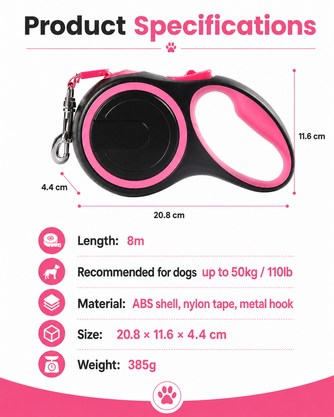 Retractable Dog Leash – Red Black 8m