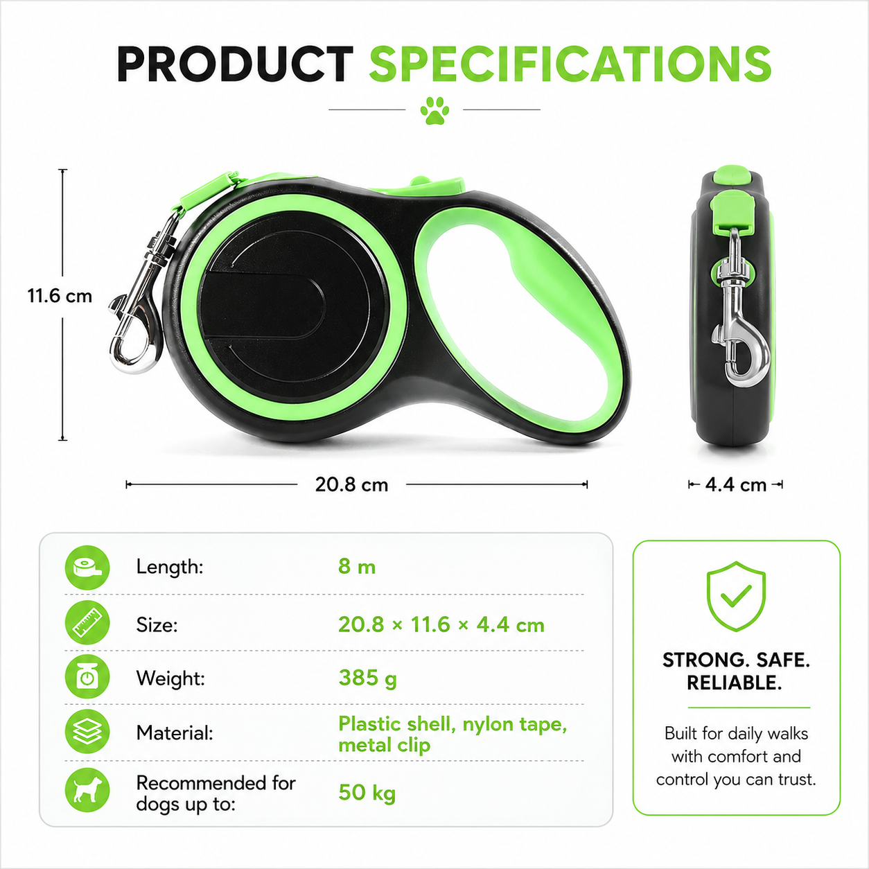 Retractable Dog Leash – Green Black 8m