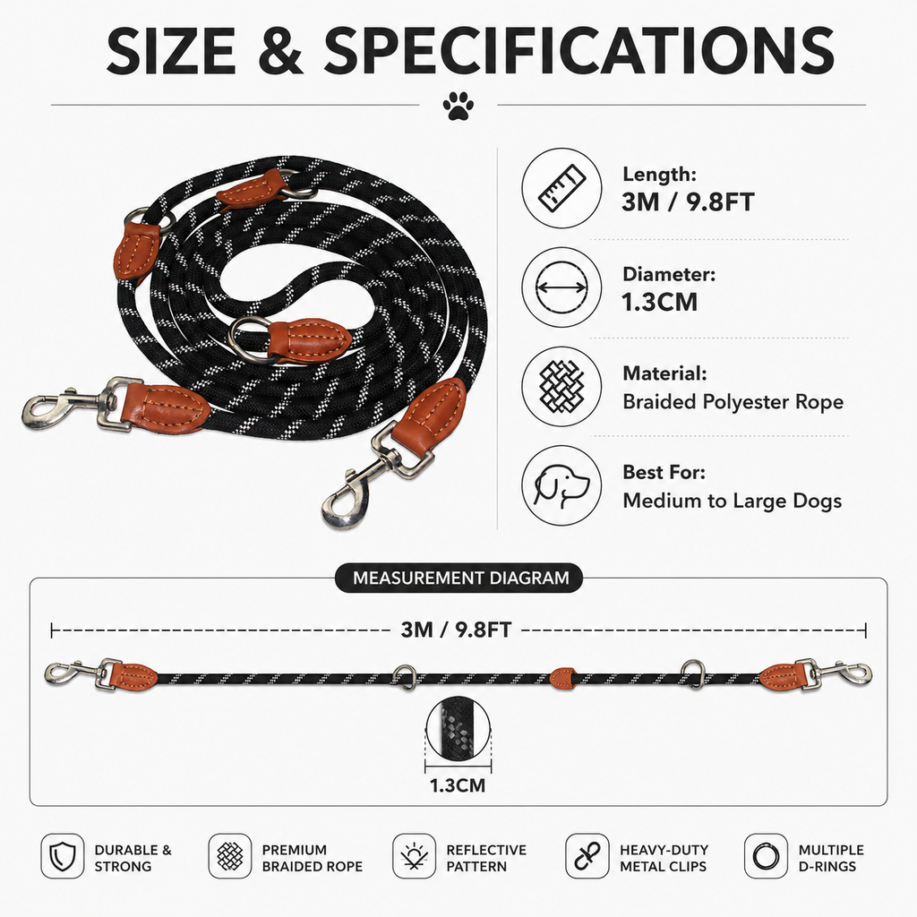 3m Multifunction Rope Dog Leash - Black