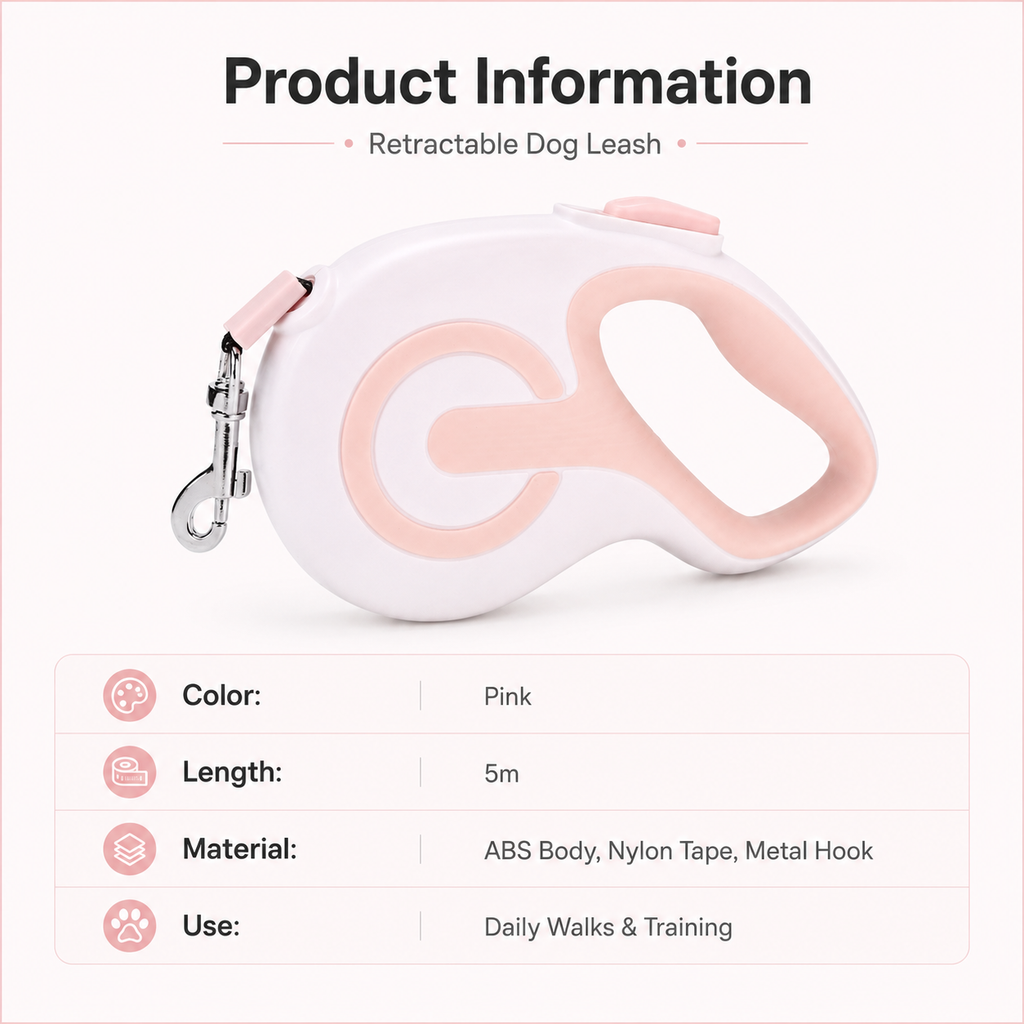 Retractable Dog Leash – White Pink 5m