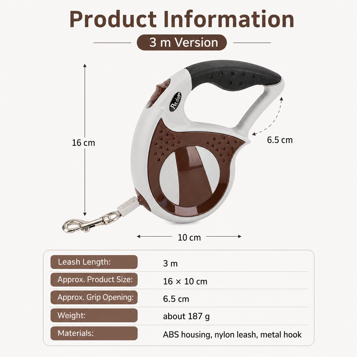 Retractable Dog Leash – Brown 3m