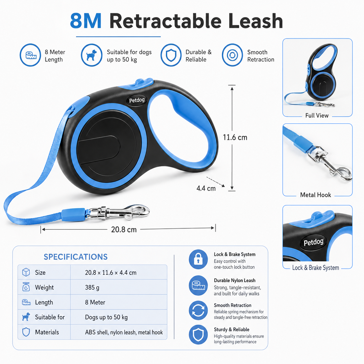 Retractable Dog Leash – Black & Blue 8m