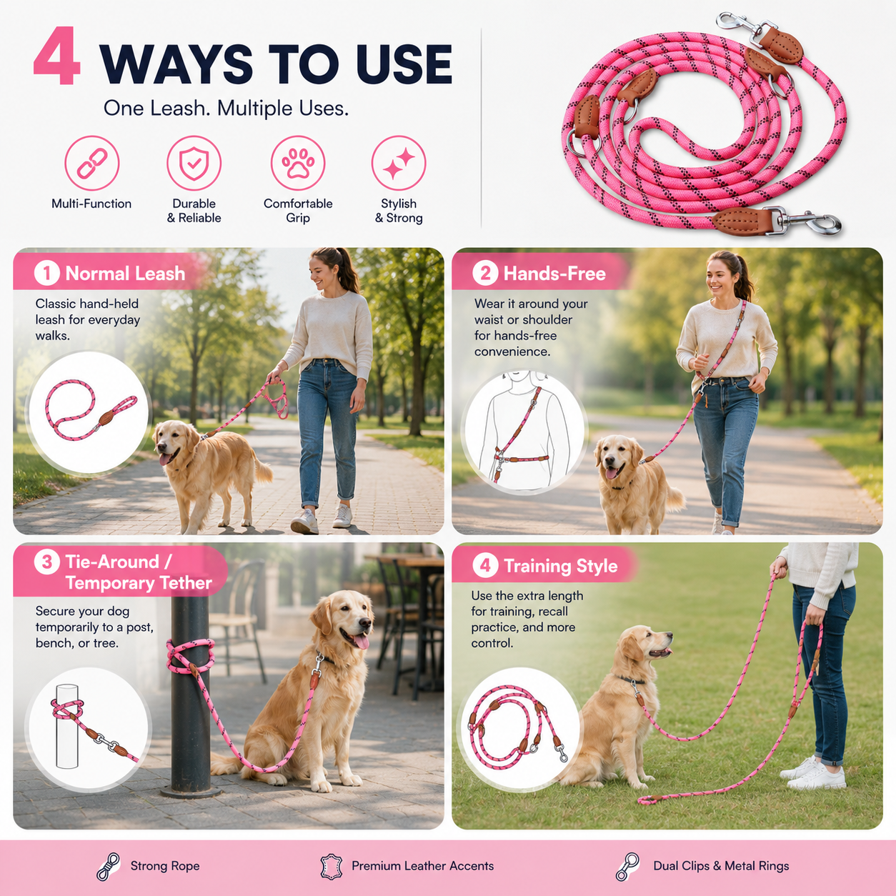 3m Multifunction Rope Dog Leash - Pink