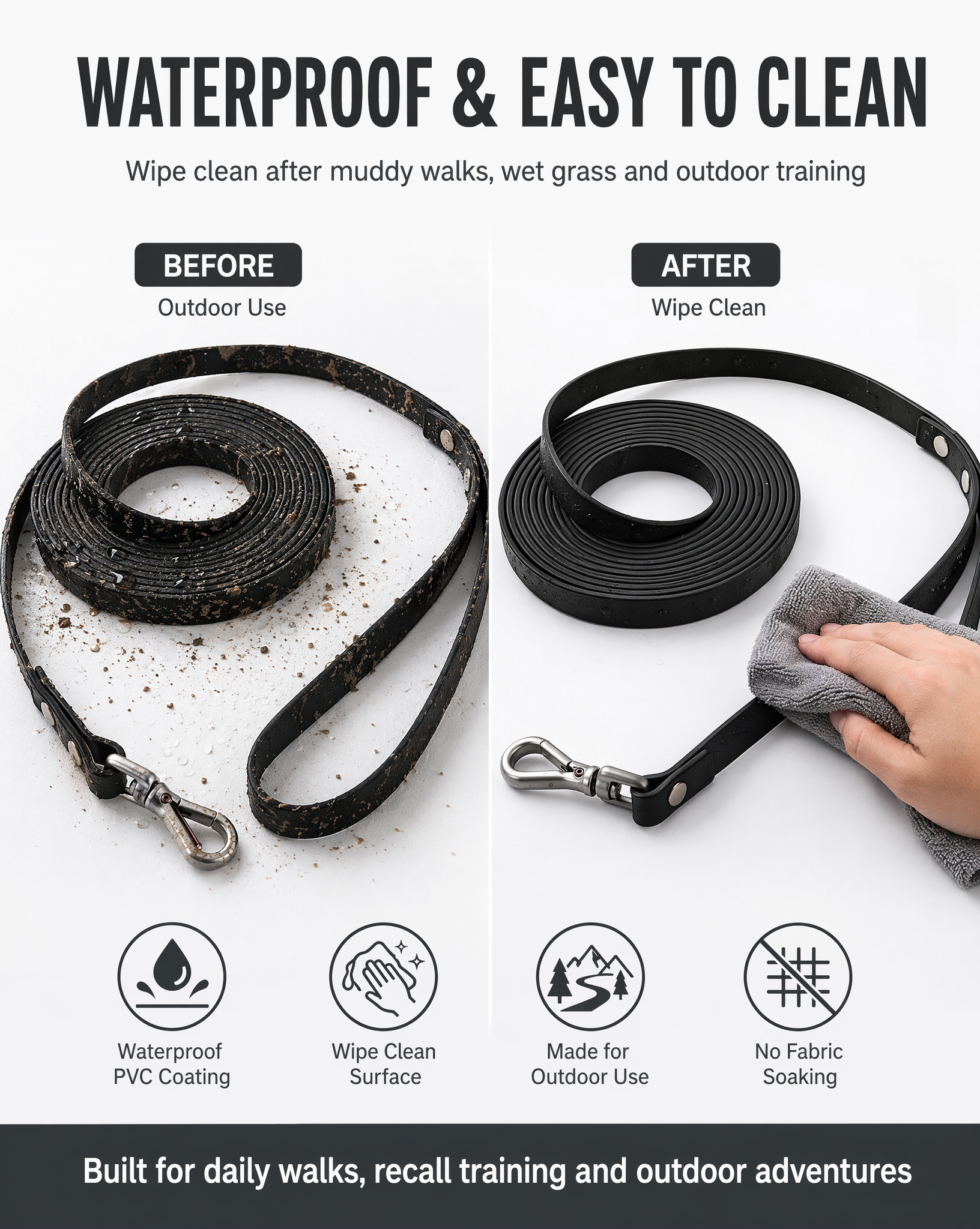 9m Waterproof Dog Training Lead - Black