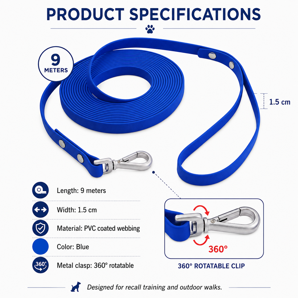 9m Waterproof Dog Training Lead - Blue