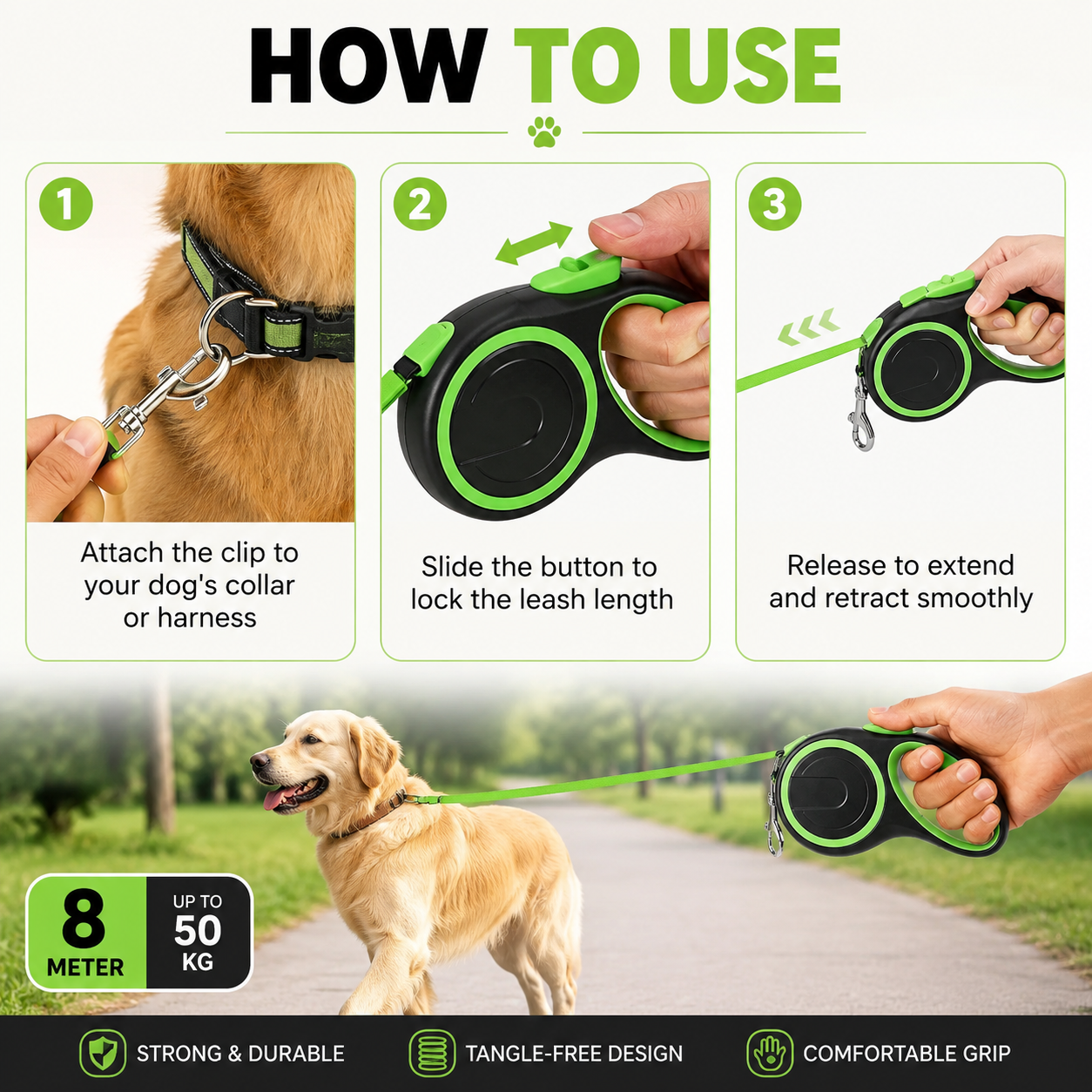 Retractable Dog Leash – Green Black 8m