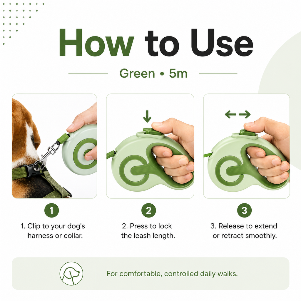 Retractable Dog Leash – Green 5m